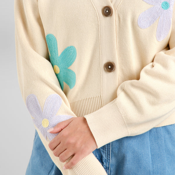 Dedicated Kanan Application Flower Vanilla White Cardigan