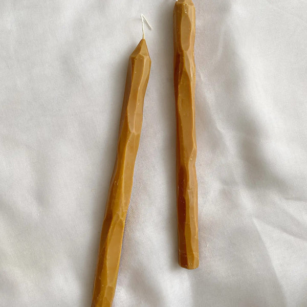 Soie London Hand Carved Toffee tapered candle pair