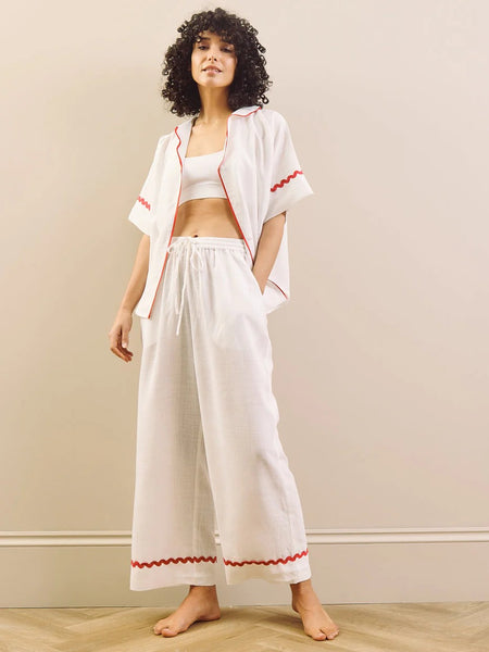 White With Red Ric Rac Trim Linen Blend Oversize Pyjama Set