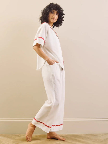 White With Red Ric Rac Trim Linen Blend Oversize Pyjama Set