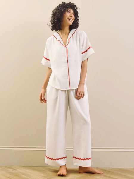 White With Red Ric Rac Trim Linen Blend Oversize Pyjama Set
