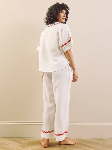 White With Red Ric Rac Trim Linen Blend Oversize Pyjama Set