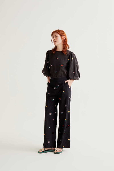 Black Garden Flower Trousers