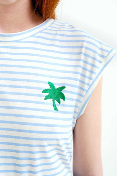White and Blue Striped Palm T-Shirt