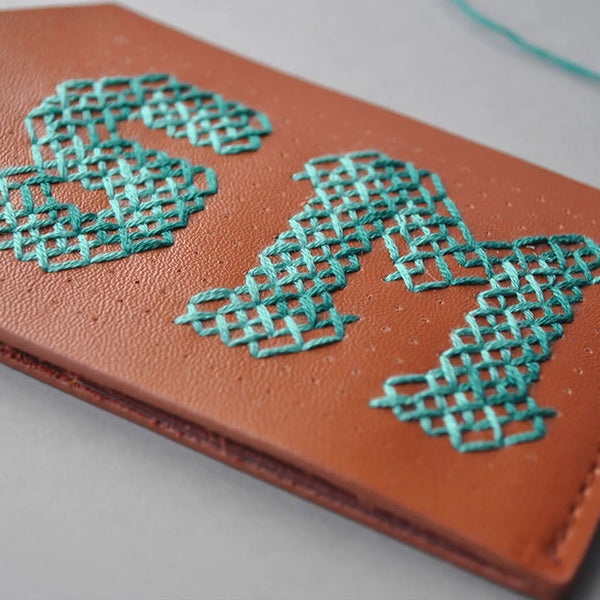 Brown Cross Stitch Luggage Tag Kit with Teal Thread
