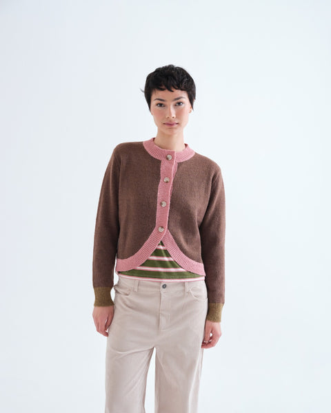 Brown & Pink Contrast Trim Cardigan
