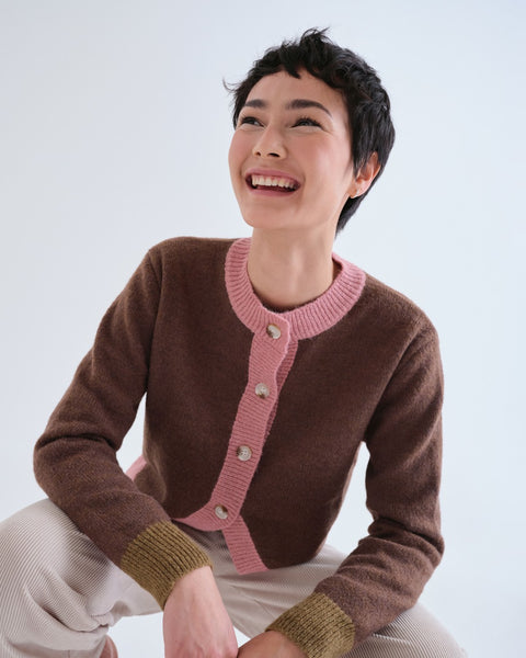 Brown & Pink Contrast Trim Cardigan
