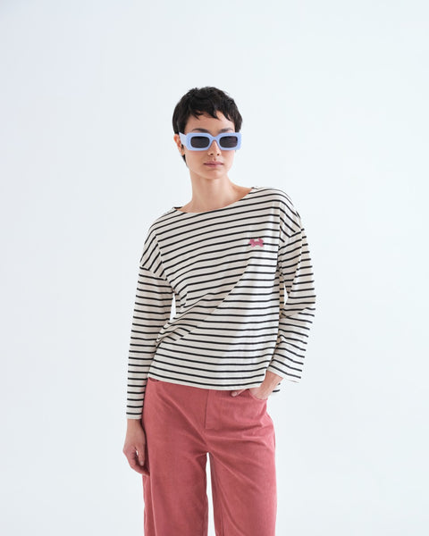 Striped Black & White Long Sleeve Embroidered Fox T-shirt
