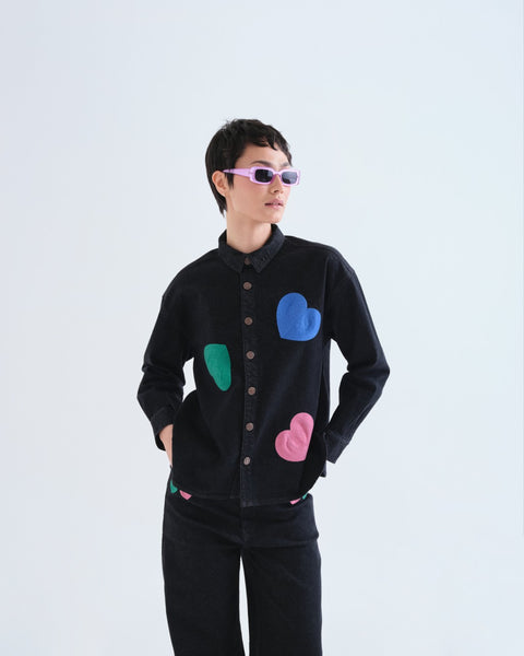 Denim Embroidered Hearts Shirt