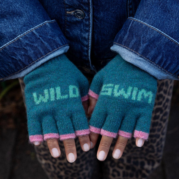Wild Swim Teal & Peppermint Fingerless Gloves