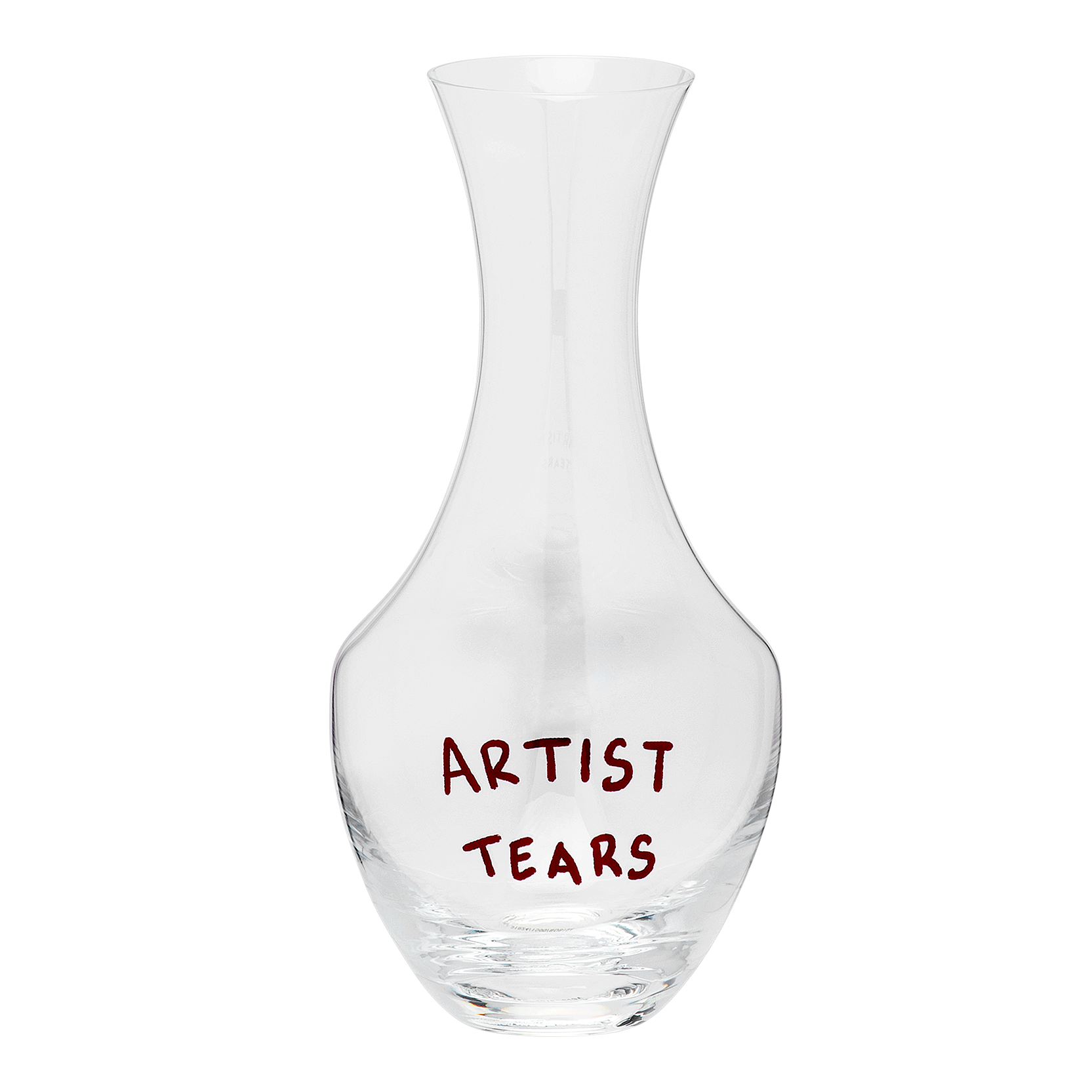 Clear glass decanter with 'ARTIST TEARS' text on a white background
