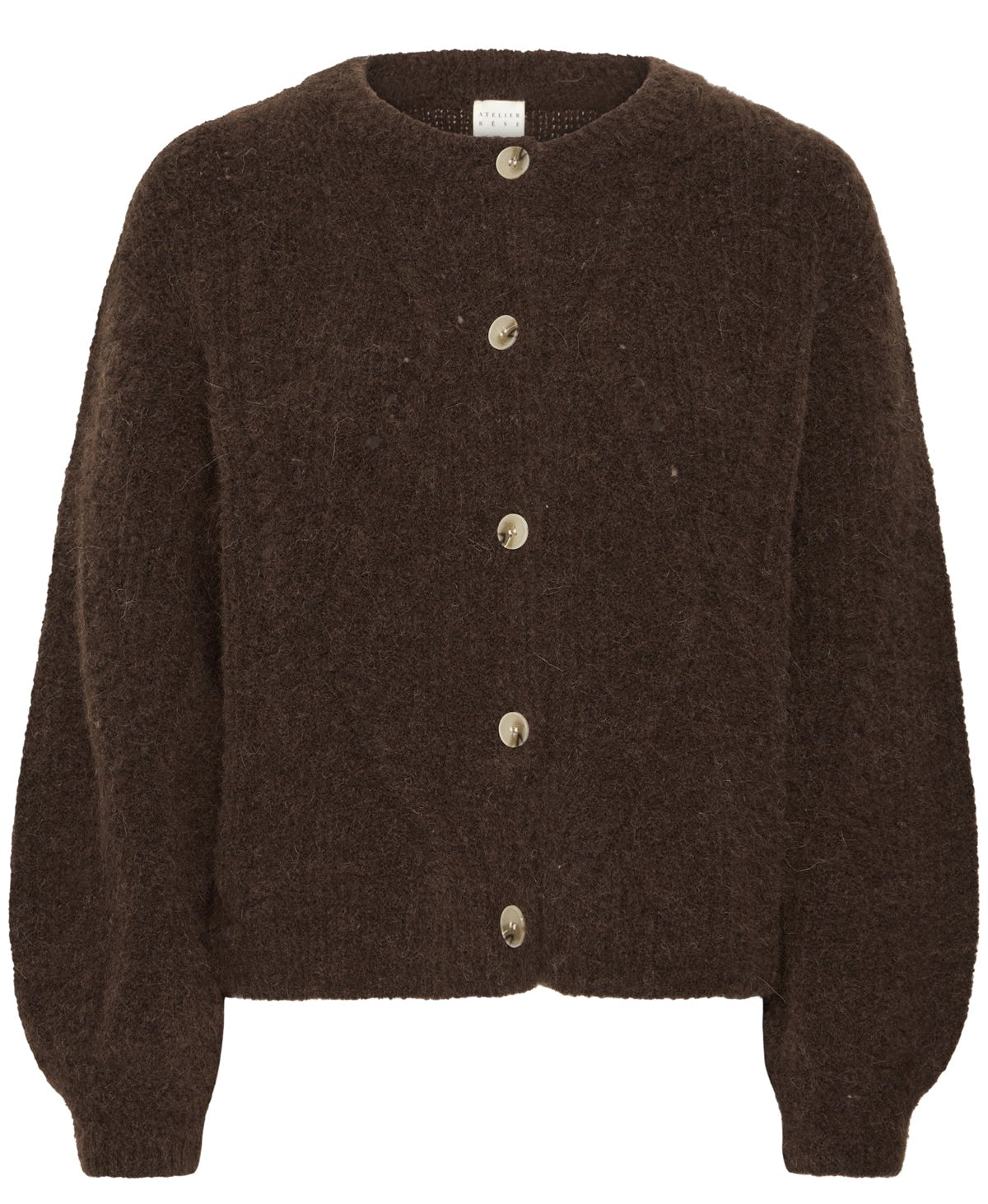 Brown cardigan with button details on a white background
