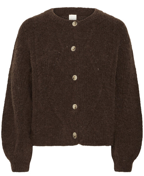 Brown cardigan with button details on a white background
