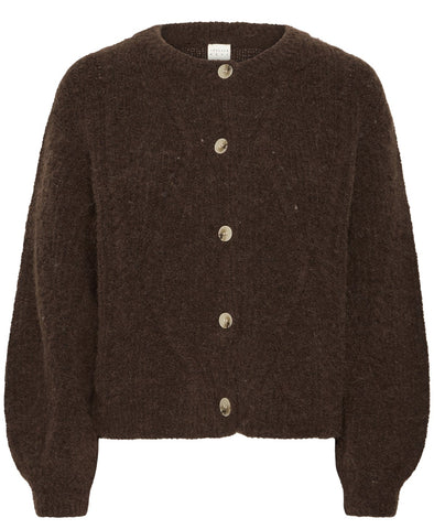 Brown cardigan with button details on a white background