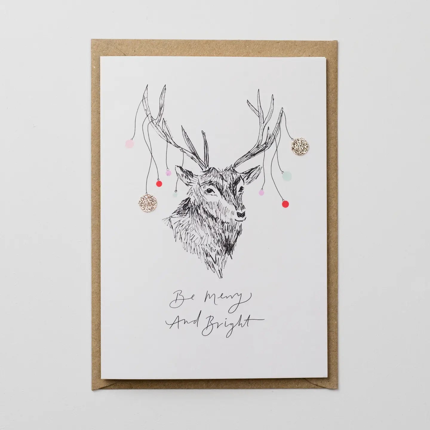 Antler Baubles Be Merry and Bright Reindeer Christmas Card