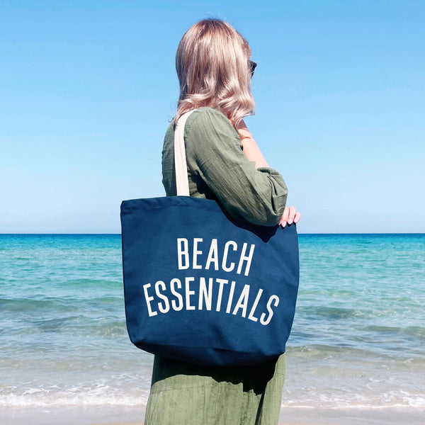 Alphabet Bags Beach Essentials ocean blue canvas tote bag