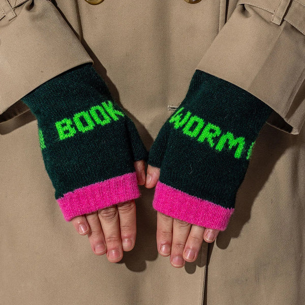 Book Worm Forest Green & Neon Green Mittens