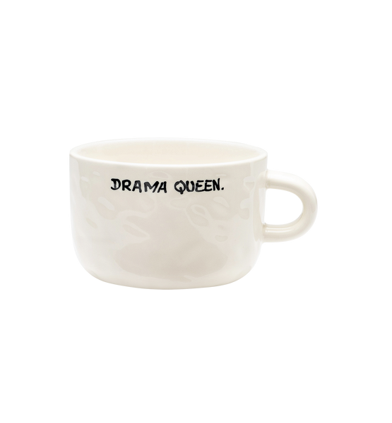 White cappuccino mug with 'Drama Queen' text on a white background