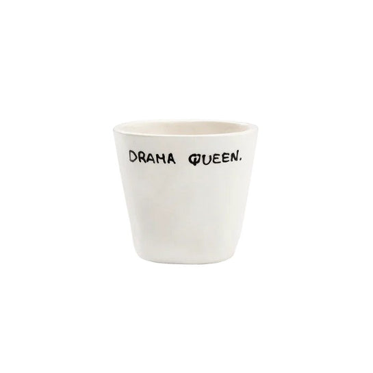 White ceramic Espresso cup with 'Drama Queen' text on a white background