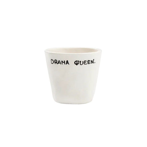 White ceramic Espresso cup with 'Drama Queen' text on a white background