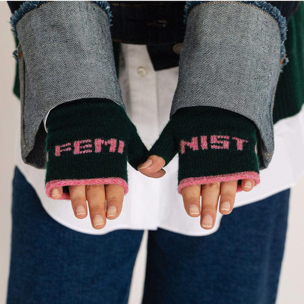 Feminist Forest Green & French Rose Fingerless Mittens