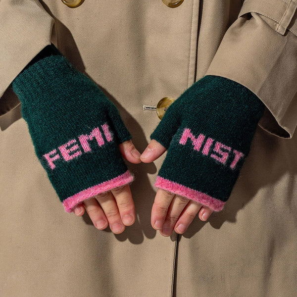 Feminist Forest Green & French Rose Fingerless Mittens
