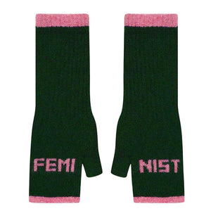 Feminist Forest Green & French Rose Fingerless Mittens