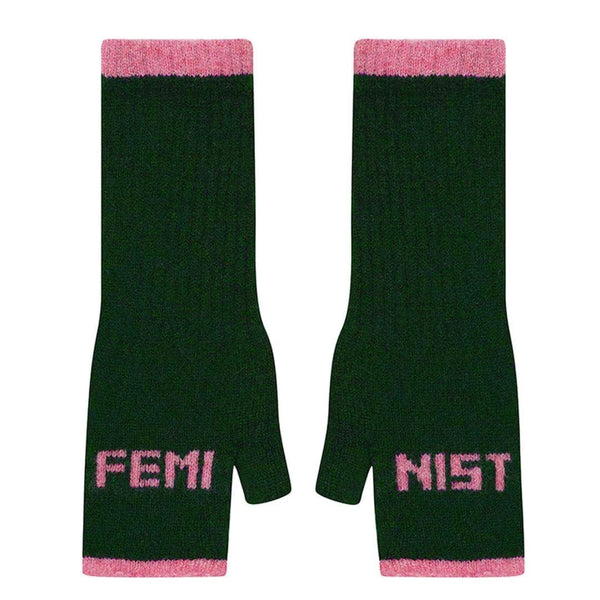 Feminist Forest Green & French Rose Fingerless Mittens