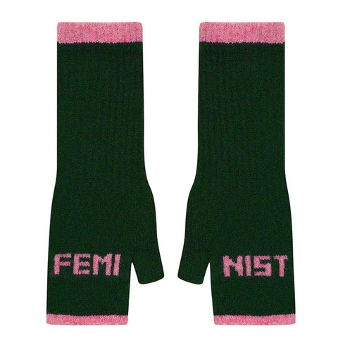 Feminist Forest Green & French Rose Fingerless Mittens