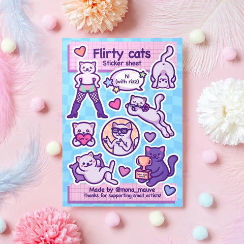 Mona Mauve flirty cats vinyl sticker sheet