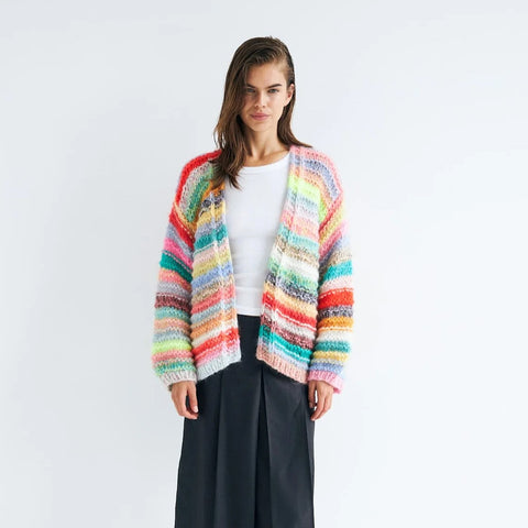 Hand Knitted cardigan in multicoloured stipes by Dawn X Dare.