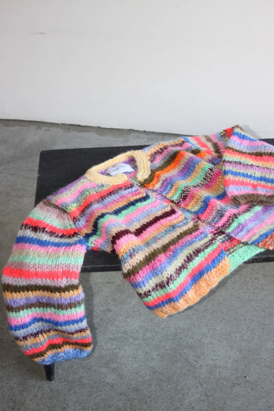 Hand Knitted multicoloured striped cardigan made in Italy. 