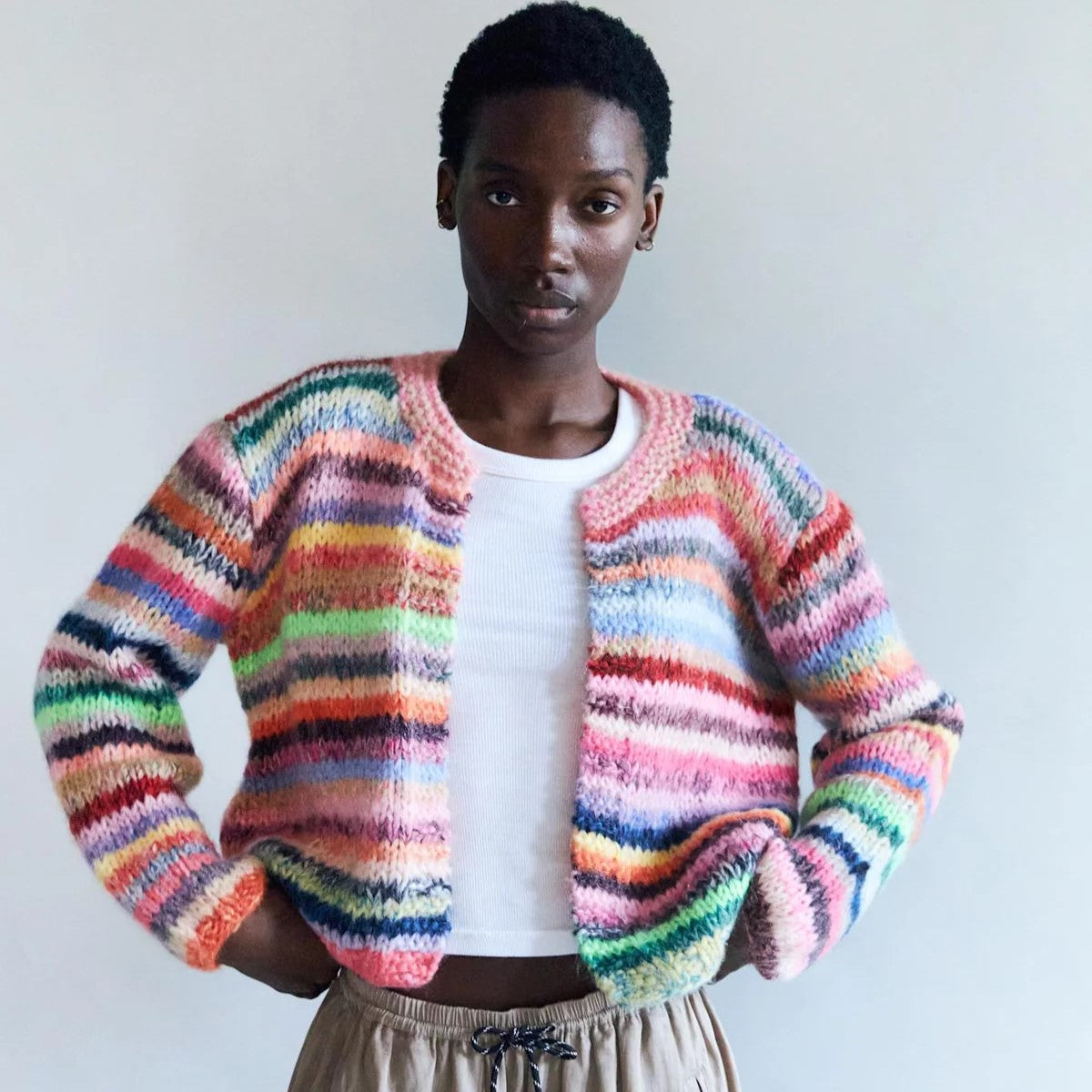 Hand Knitted Cardigan made in Italy. Striped multicoloured. 