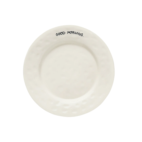 Round ceramic breakfast plate with 'GOOD MORNING' written at the top, on white background