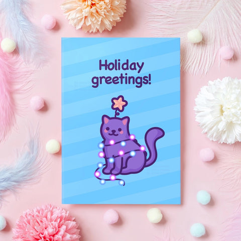 Mona Mauve Holiday Greetings cat lights Christmas card