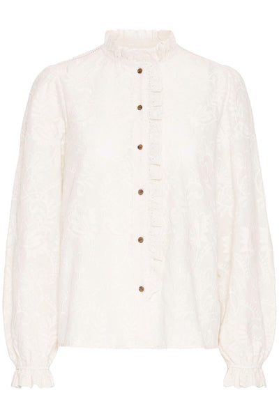 White embroidered blouse with buttons on a white background
