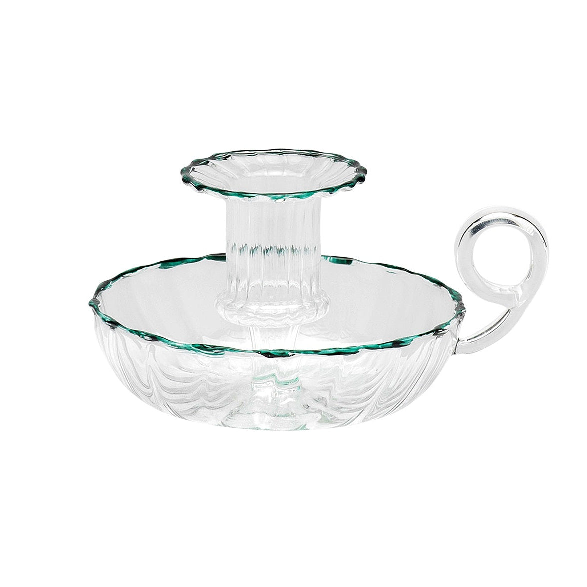 Clear glass candle holder with decorative design on a white background