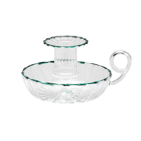 Clear glass candle holder with decorative design on a white background