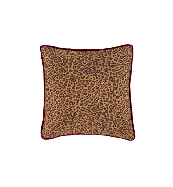 Leopard print cushion with a red border on a white background