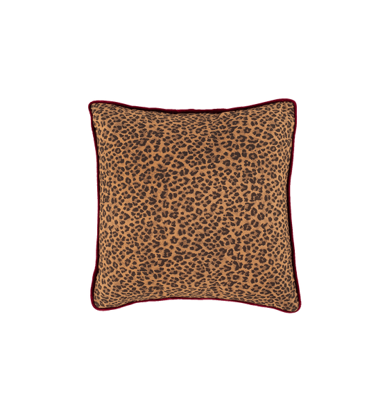 Leopard print pillow with a red border on a white background