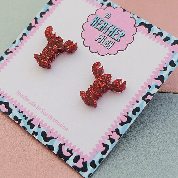 Red Glitter Lobster Stud Earrings