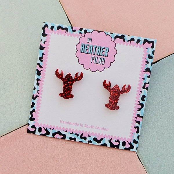 Red Glitter Lobster Stud Earrings