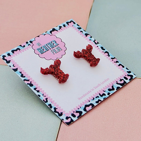 Red Glitter Lobster Stud Earrings