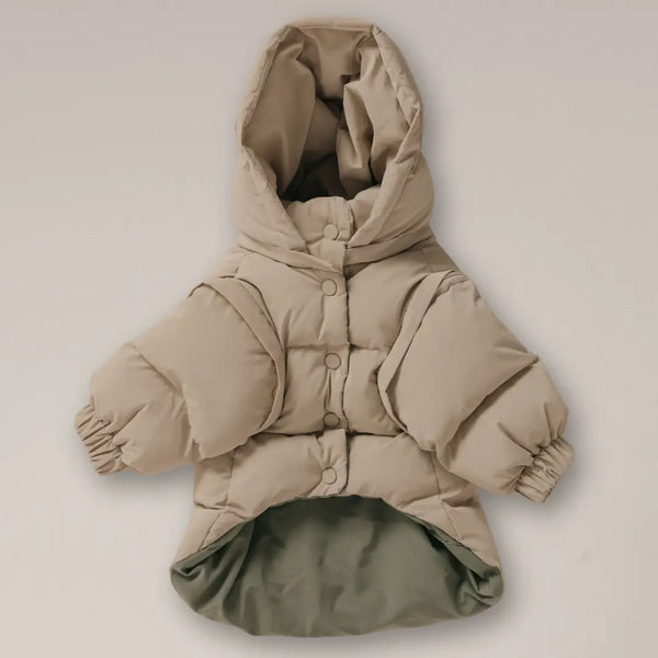 Beige puffer snowsuit with hood on a light gray background