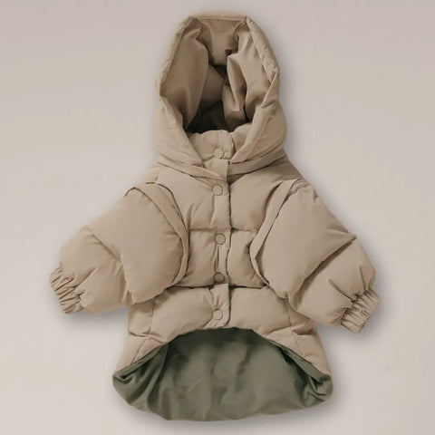 Beige puffer snowsuit with hood on a light gray background