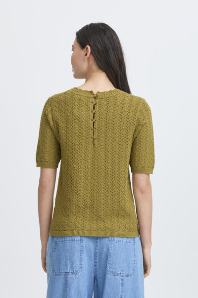 Woman wearing a green knitted top with short sleeves from the back showing button details.  