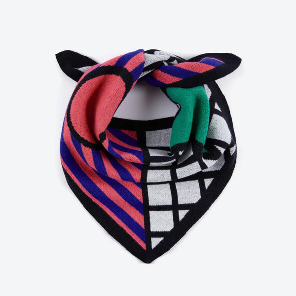 Colourful geometric patterned triangle  scarf on a white background