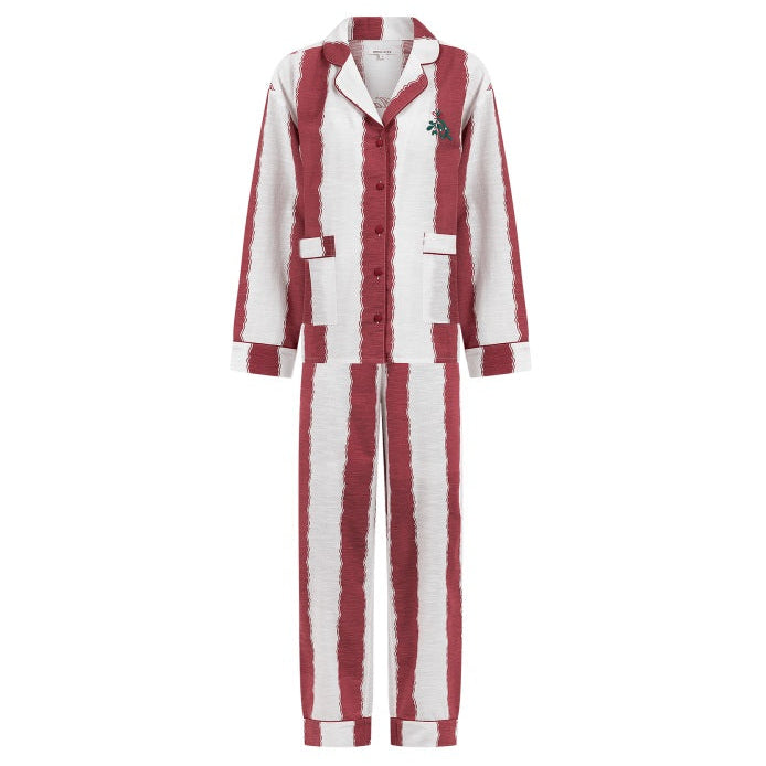 Red and white striped pajama set on a white background