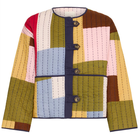 Colorful quilted jacket with patchwork design on a white background