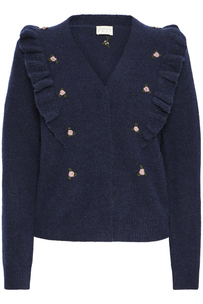 Navy blue cardigan with floral embellishments on a white background